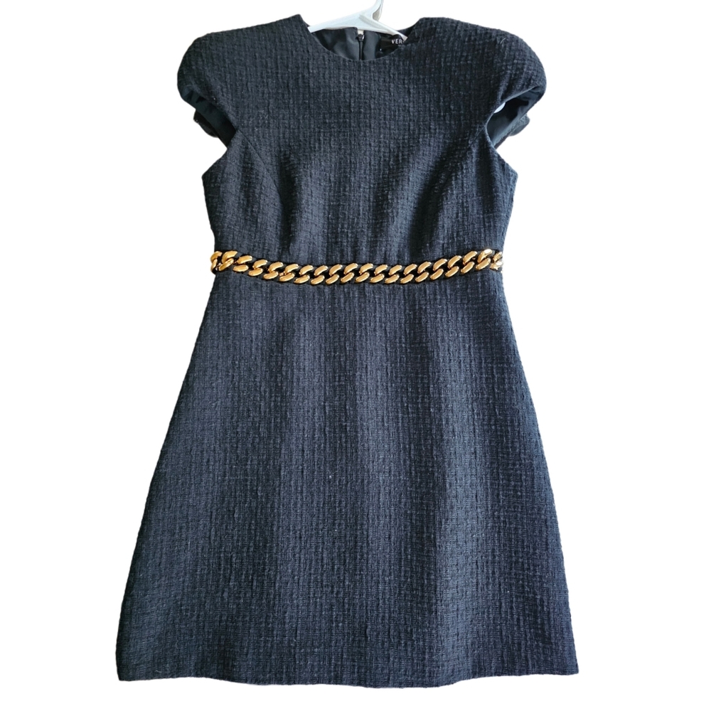 Versace Black Tweed Gold Chain Capped Sleeve Dress With Pockets